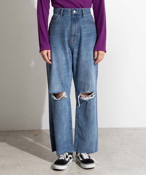 WEGO（ウィゴー）の「WEGO/ダメージストレートデニムパンツ（デニムパンツ・レディース・インディゴブルー/コバルトブルー・SMALL/MEDIUM/LARGE）」の9枚目の写真