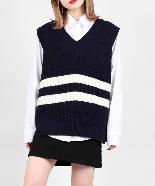 DING(ディング)の「DING/センターラインニットベスト(ベスト・レディース・ネイビー/ベージュ・FREE)」の2枚目の写真