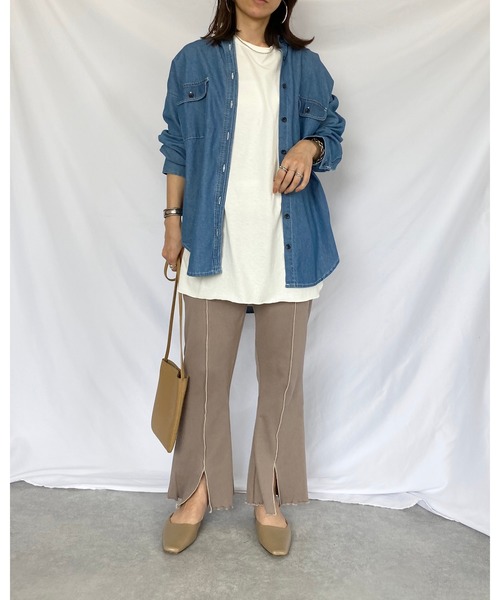 She's Closet(シーズクローゼット)の「バックヘンリーネック 無地 5分袖 ロング丈 オーバーサイズ チュニック(Tシャツ/カットソー・レディース・ホワイト/グレイッシュベージュ・FREE)」の6枚目の写真