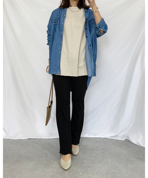 She's Closet(シーズクローゼット)の「バックヘンリーネック 無地 5分袖 ロング丈 オーバーサイズ チュニック(Tシャツ/カットソー・レディース・ホワイト/グレイッシュベージュ・FREE)」の14枚目の写真