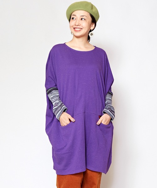 チャイハネ（チャイハネ）の「【チャイハネ】ネップヤーンカットソー ビッグシルエットワンピース（チュニック・レディース・ホワイト/ブラック/パープル/ブラウン・FREE）」の4枚目の写真