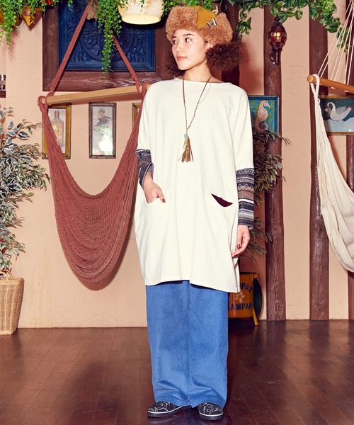 チャイハネ（チャイハネ）の「【チャイハネ】ネップヤーンカットソー ビッグシルエットワンピース（チュニック・レディース・ホワイト/ブラック/パープル/ブラウン・FREE）」の14枚目の写真