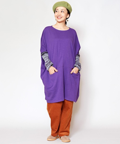 チャイハネ（チャイハネ）の「【チャイハネ】ネップヤーンカットソー ビッグシルエットワンピース（チュニック・レディース・ホワイト/ブラック/パープル/ブラウン・FREE）」の6枚目の写真