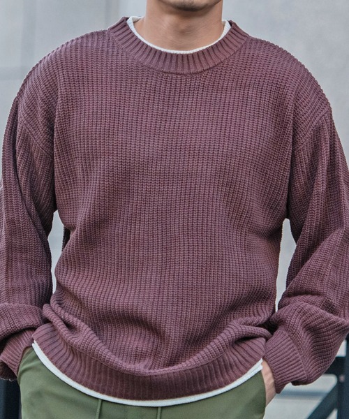 CavariA（キャバリア）の「『CavariA/キャバリア』7G方畦ビッグシルエット長袖フェイクレイヤードニット（ニット/セーター・メンズ・グレー/ホワイト/ブルー/ベージュ/キナリ/ブラック/グリーン/ブラウン/グリーン系/グレイッシュベージュ/ネイビー・M/L）」の5枚目の写真