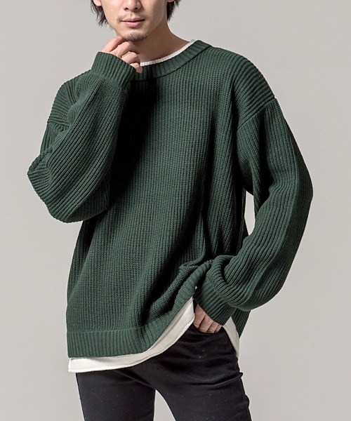 CavariA（キャバリア）の「『CavariA/キャバリア』7G方畦ビッグシルエット長袖フェイクレイヤードニット（ニット/セーター・メンズ・グレー/ホワイト/ブルー/ベージュ/キナリ/ブラック/グリーン/ブラウン/グリーン系/グレイッシュベージュ/ネイビー・M/L）」の8枚目の写真