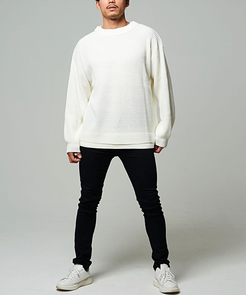 CavariA（キャバリア）の「『CavariA/キャバリア』7G方畦ビッグシルエット長袖フェイクレイヤードニット（ニット/セーター・メンズ・グレー/ホワイト/ブルー/ベージュ/キナリ/ブラック/グリーン/ブラウン/グリーン系/グレイッシュベージュ/ネイビー・M/L）」の21枚目の写真