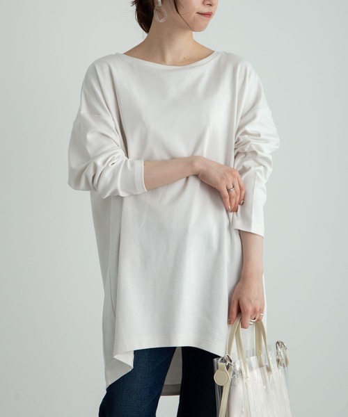 earth music&ecology(アースミュージックアンドエコロジー)の「スムースコクーンチュニック *(チュニック・レディース・ブラック/ダークグリーン/オフホワイト/グレイッシュベージュ・FREE)」の10枚目の写真