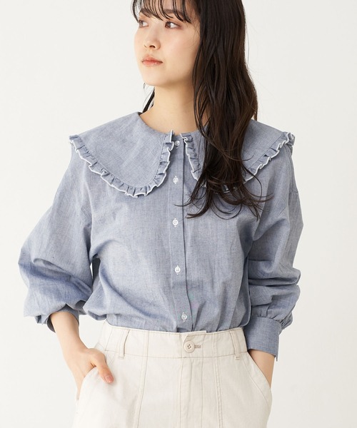 earth music&ecology（アースミュージックアンドエコロジー）の「【WEB限定】ビッグ衿ブラウス ＊（シャツ/ブラウス・レディース・ストライプ/ライトブルー/チェック/オフホワイト・FREE）」の3枚目の写真