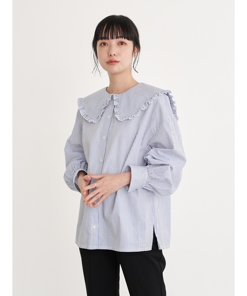 earth music&ecology（アースミュージックアンドエコロジー）の「【WEB限定】ビッグ衿ブラウス ＊（シャツ/ブラウス・レディース・ストライプ/ライトブルー/チェック/オフホワイト・FREE）」の7枚目の写真