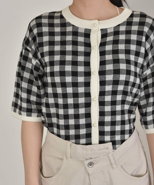 w closet(ダブルクローゼット)の「12Gギンガムジャガードカーディガン(カーディガン/ボレロ・レディース・オレンジ/ブラック×ホワイト/ブルー系その他/グリーン・FREE)」の9枚目の写真