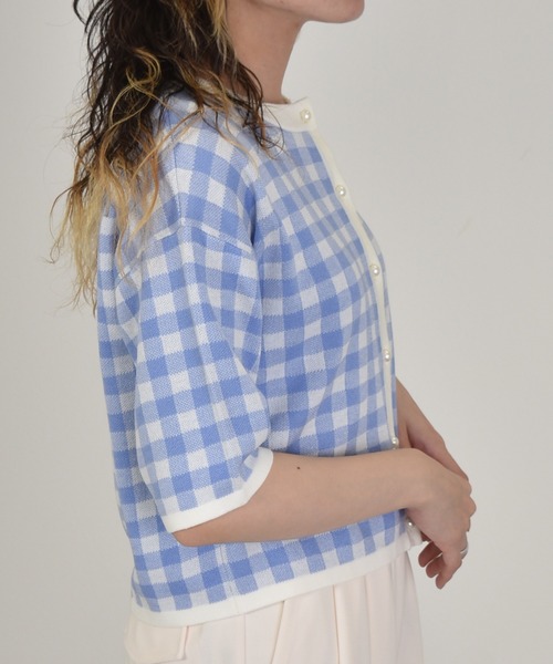 w closet(ダブルクローゼット)の「12Gギンガムジャガードカーディガン(カーディガン/ボレロ・レディース・オレンジ/ブラック×ホワイト/ブルー系その他/グリーン・FREE)」の19枚目の写真