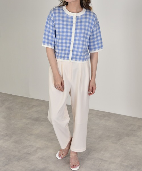 w closet(ダブルクローゼット)の「12Gギンガムジャガードカーディガン(カーディガン/ボレロ・レディース・オレンジ/ブラック×ホワイト/ブルー系その他/グリーン・FREE)」の18枚目の写真