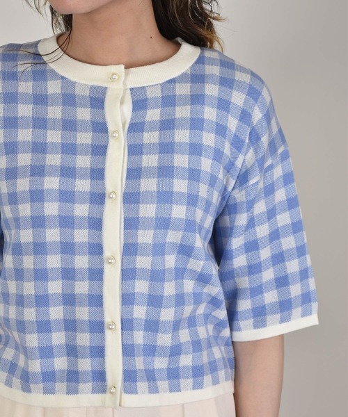 w closet(ダブルクローゼット)の「12Gギンガムジャガードカーディガン(カーディガン/ボレロ・レディース・オレンジ/ブラック×ホワイト/ブルー系その他/グリーン・FREE)」の22枚目の写真