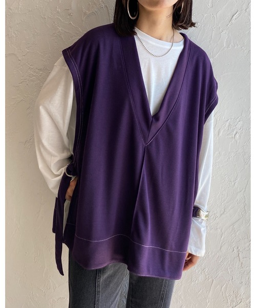 She's Closet(シーズクローゼット)の「サイドオープン深Vネックサイドベルト付き配色ロングベスト(ベスト・レディース・ブラック/オフホワイト/ダークパープル/モカ・FREE)」の21枚目の写真