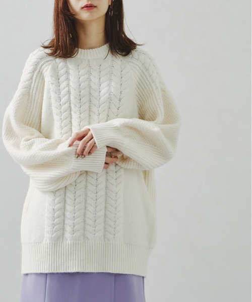 acro(アクロ)の「ラグランケーブルオーバーシルエットニット/AC1234(ニット/セーター・レディース・グリーン/オレンジ/ホワイト・フリ-)」の2枚目の写真