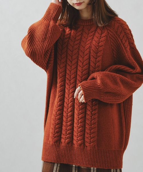 acro(アクロ)の「ラグランケーブルオーバーシルエットニット/AC1234(ニット/セーター・レディース・グリーン/オレンジ/ホワイト・フリ-)」の3枚目の写真