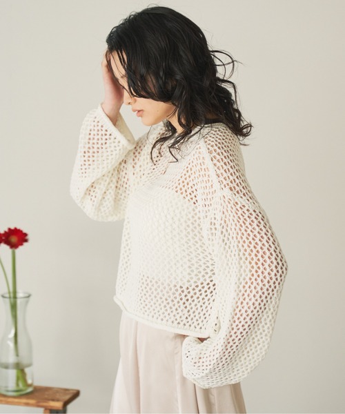 ANGIE（アンジー）の「透かし編みメッシュショートニット（ニット/セーター・レディース・ブラック/グリーン/ベージュ/オフホワイト・FREE）」の13枚目の写真