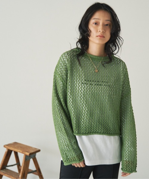 ANGIE（アンジー）の「透かし編みメッシュショートニット（ニット/セーター・レディース・ブラック/グリーン/ベージュ/オフホワイト・FREE）」の19枚目の写真