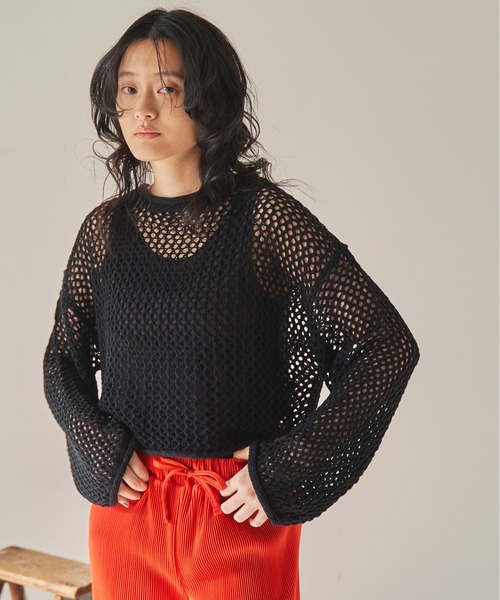 ANGIE（アンジー）の「透かし編みメッシュショートニット（ニット/セーター・レディース・ブラック/グリーン/ベージュ/オフホワイト・FREE）」の18枚目の写真