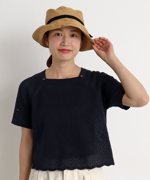 chambre de charme(シャンブルドゥシャーム)の「cdc すかし柄ボーダー 半袖ニット(ポロシャツ・レディース・グレー系その他/ブルー系その他/ネイビー・FREE)」の3枚目の写真
