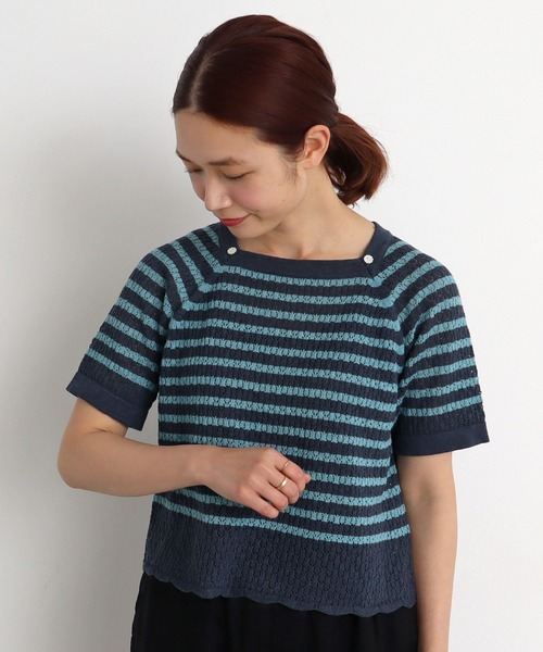 chambre de charme(シャンブルドゥシャーム)の「cdc すかし柄ボーダー 半袖ニット(ポロシャツ・レディース・グレー系その他/ブルー系その他/ネイビー・FREE)」の4枚目の写真
