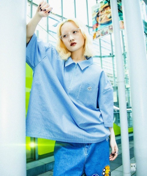 A'gem（エージェム）の「『A'gem/エージェム』半袖HARF ZIP WORK SH/ハーフZIPワークシャツ（シャツ/ブラウス・メンズ・ブラック/ベージュ/グリーン/サックスブルー・FREE）」の5枚目の写真