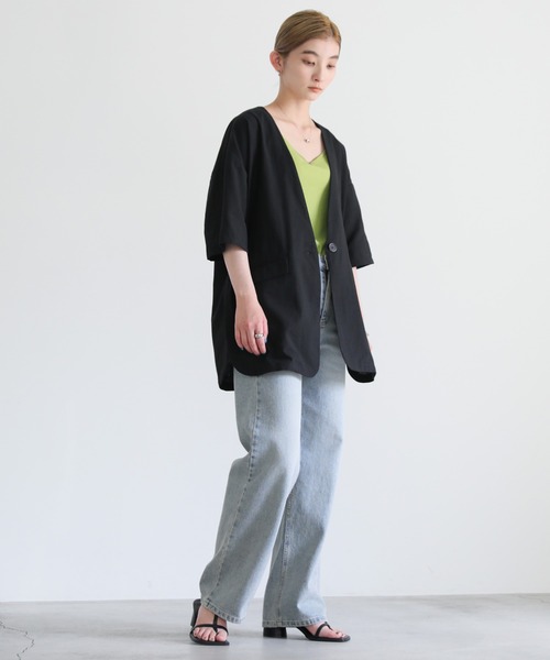 リネンタッチノーカラー半袖ジャケット（ノーカラージャケット