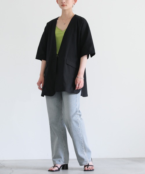 リネンタッチノーカラー半袖ジャケット（ノーカラージャケット