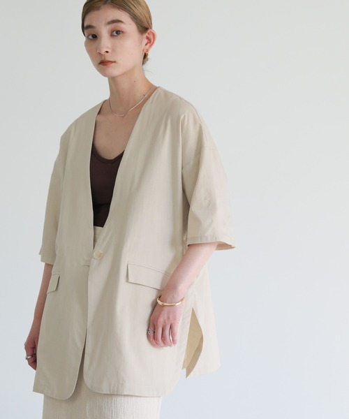 BEIGE, ノーカラージャケット MOCHA×ECRU ノーカラー2wayジャケット【ベージュ】 | Kichi