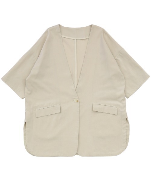 ビューティーアンドユース　ノーカラー半袖ジャケット　新品未使用　M リネンタッチノーカラー半袖ジャケット（ノーカラージャケット