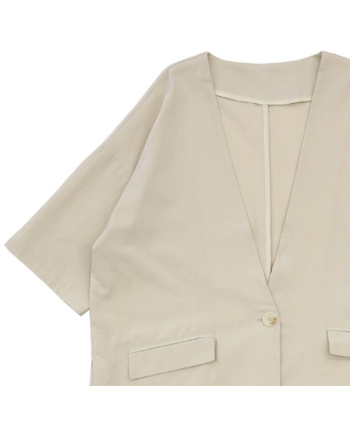 ビューティーアンドユース　ノーカラー半袖ジャケット　新品未使用　M リネンタッチノーカラー半袖ジャケット（ノーカラージャケット