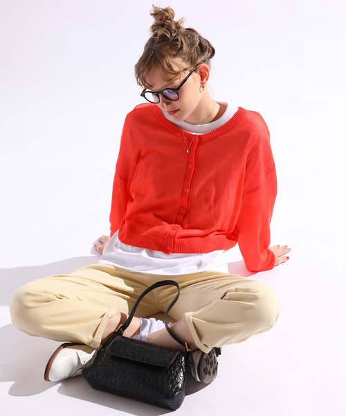 sara&cake（サラアンドケイク）の「シアーニット2WAYショートカーディガン（カーディガン/ボレロ・レディース・ピンク/オレンジ/グリーン・FREE）」の17枚目の写真