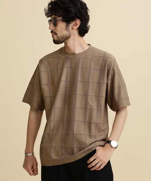 NANO universe(ナノユニバース)の「LB.04/ジャガードチェッククルーネックTシャツ(Tシャツ/カットソー・メンズ・ネイビー/ブラック/ベージュ・S/L/M/XL)」の3枚目の写真