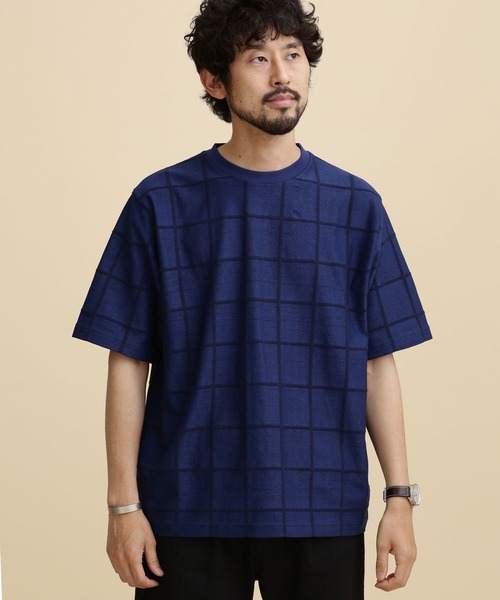 NANO universe(ナノユニバース)の「LB.04/ジャガードチェッククルーネックTシャツ(Tシャツ/カットソー・メンズ・ネイビー/ブラック/ベージュ・S/L/M/XL)」の1枚目の写真