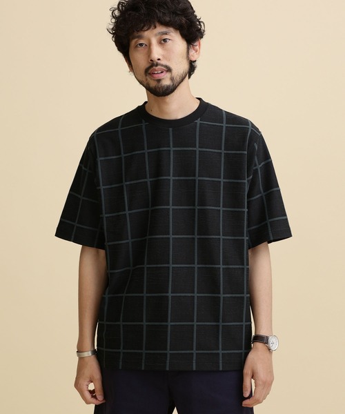 NANO universe(ナノユニバース)の「LB.04/ジャガードチェッククルーネックTシャツ(Tシャツ/カットソー・メンズ・ネイビー/ブラック/ベージュ・S/L/M/XL)」の2枚目の写真