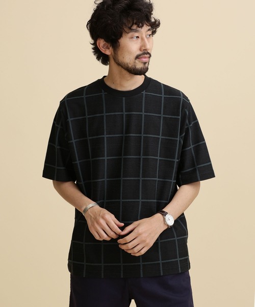 NANO universe(ナノユニバース)の「LB.04/ジャガードチェッククルーネックTシャツ(Tシャツ/カットソー・メンズ・ネイビー/ブラック/ベージュ・S/L/M/XL)」の5枚目の写真