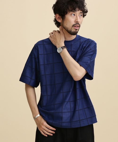NANO universe(ナノユニバース)の「LB.04/ジャガードチェッククルーネックTシャツ(Tシャツ/カットソー・メンズ・ネイビー/ブラック/ベージュ・S/L/M/XL)」の9枚目の写真