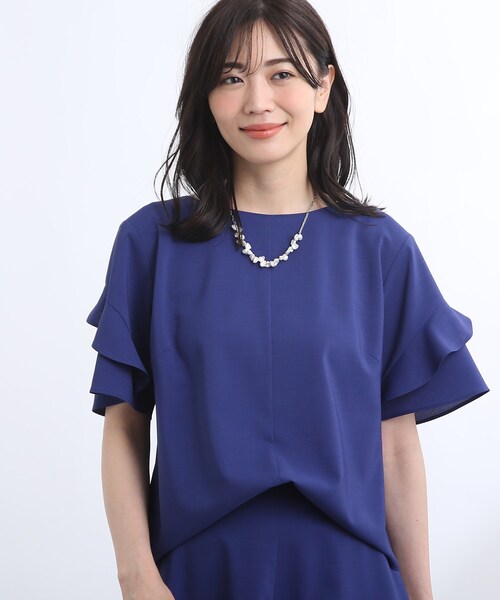 リフレクト　五分丈ラッフルスリーブブラウス　レンガ　LL 新品 リフレクト 五分丈ラッフルスリーブブラウス レンガ LL 新品