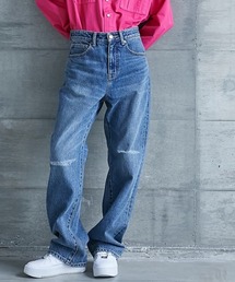 <大きいサイズ>綿100%クラッシュ加工ワイドストレートデニムパンツ GEVS.