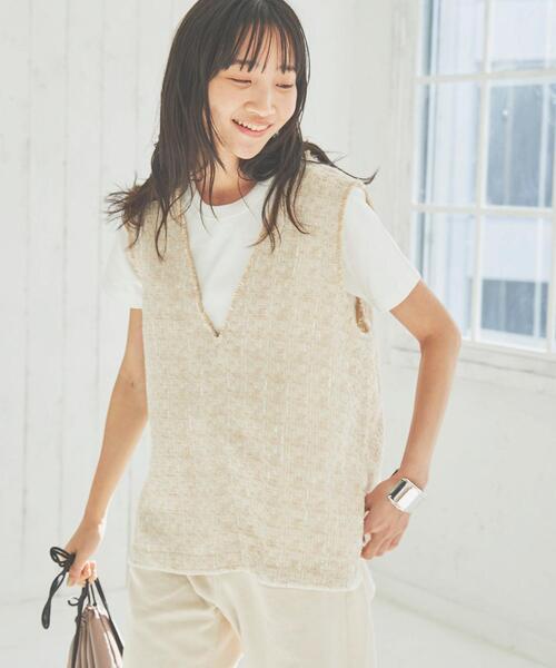coen（コーエン）の「サマーツイードプルオーバーVネックジレ（ベスト・レディース・ベージュ/ブラック・L/M）」の2枚目の写真