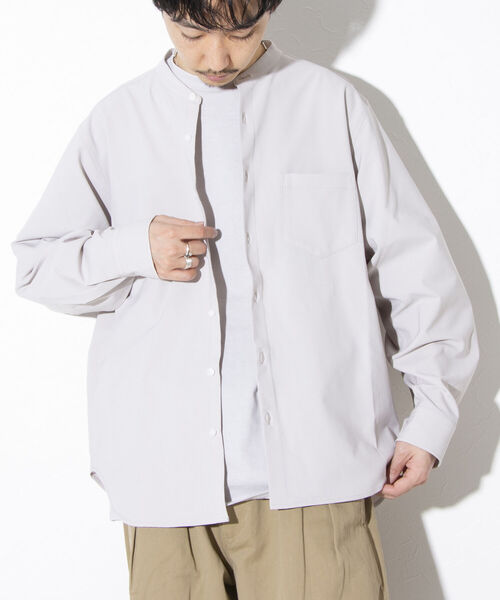 GLOSTER（グロスター）の「【GLOSTER/グロスター】Quick DRY バンドカラーシャツ ノーカラー ワイドフィット（シャツ/ブラウス・メンズ・キナリ/ブラック/グレイッシュブルー・S/M/L）」の2枚目の写真