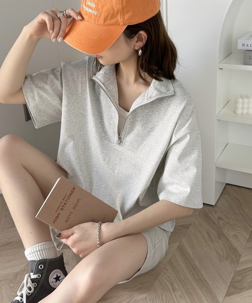 ms+ ideal(エムズプラスアイディール)の「【ms+ ideal】今季のマストアイテム。コットン100%ハーフジッププルオーバー(Tシャツ/カットソー・レディース・アイボリー/ブラック/杢グレー・LARGE/X-LARGE/SMALL/MEDIUM)」の8枚目の写真