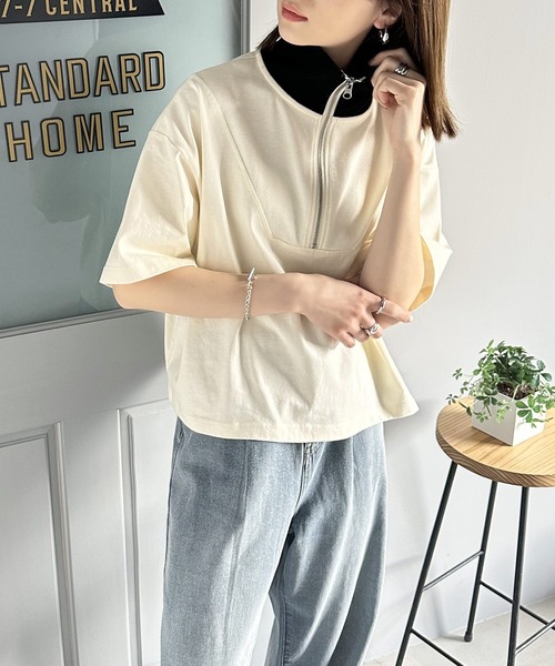 ms+ ideal(エムズプラスアイディール)の「【ms+ ideal】今季のマストアイテム。コットン100%ハーフジッププルオーバー(Tシャツ/カットソー・レディース・アイボリー/ブラック/杢グレー・LARGE/X-LARGE/SMALL/MEDIUM)」の4枚目の写真