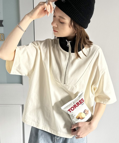 ms+ ideal(エムズプラスアイディール)の「【ms+ ideal】今季のマストアイテム。コットン100%ハーフジッププルオーバー(Tシャツ/カットソー・レディース・アイボリー/ブラック/杢グレー・LARGE/X-LARGE/SMALL/MEDIUM)」の5枚目の写真