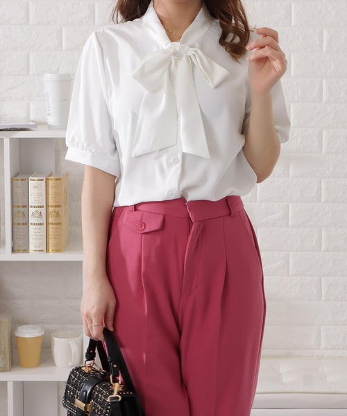 Lace Ladies（レースレディース）の「ボウタイ付き半袖シフォンブラウス（シャツ/ブラウス・レディース・ブルー/ホワイト/ピンク・S/L/XL/M）」の2枚目の写真