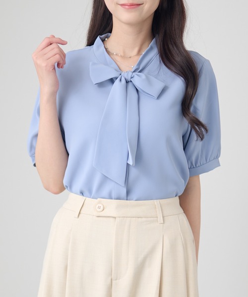 Lace Ladies(レースレディース)の「ボウタイ付き半袖シフォンブラウス(シャツ/ブラウス・レディース・ブルー/ホワイト/ピンク/ベージュ/ブラック/ネイビー/ブルーグレー・S/L/XL/M)」の4枚目の写真