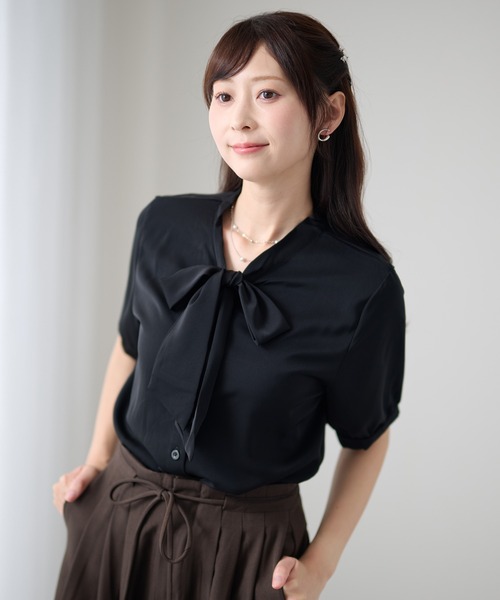 Lace Ladies(レースレディース)の「ボウタイ付き半袖シフォンブラウス(シャツ/ブラウス・レディース・ブルー/ホワイト/ピンク/ベージュ/ブラック/ネイビー/ブルーグレー・S/L/XL/M)」の21枚目の写真