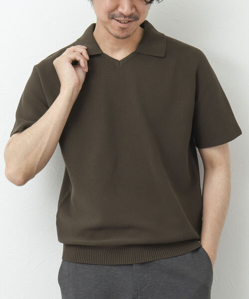 NOLLEY'S goodman（ノーリーズグッドマン）の「《ビジカジ対応》スキッパー 半袖ニットポロシャツ（ポロシャツ・メンズ・グレイッシュベージュ/ブラウン/ネイビー・L/M）」の2枚目の写真
