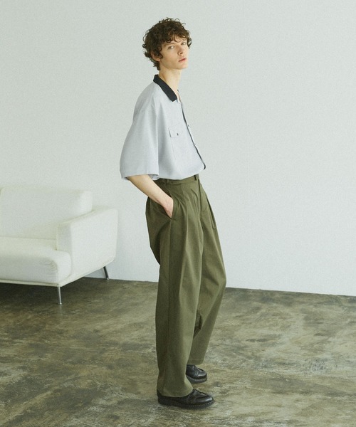 motomi.m／ピンタック クレリックシャツ バイカラーリネン切り替えブラウス リネンライク オープンカラー クレリックシャツ（シャツ/ブラウス