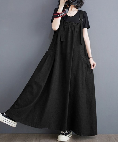 Doux Belle(ドゥーベル)の「フレアデニムジャンパースカート(ジャンパースカート・レディース・ライトブルー/ブラック/ブルー/グリーン/カーキ/ベージュ/ブラック系その他・FREE)」の3枚目の写真